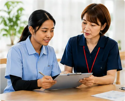 日本語での意思疎通に苦労する外国人介護スタッフと日本人スタッフ