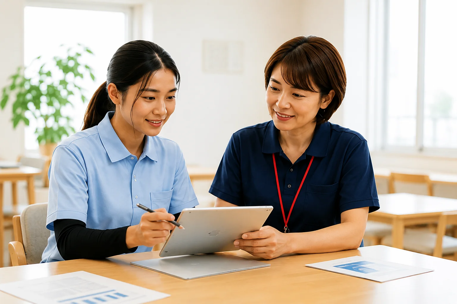 タブレットを使って打ち合わせをする外国人介護スタッフと日本人スタッフ