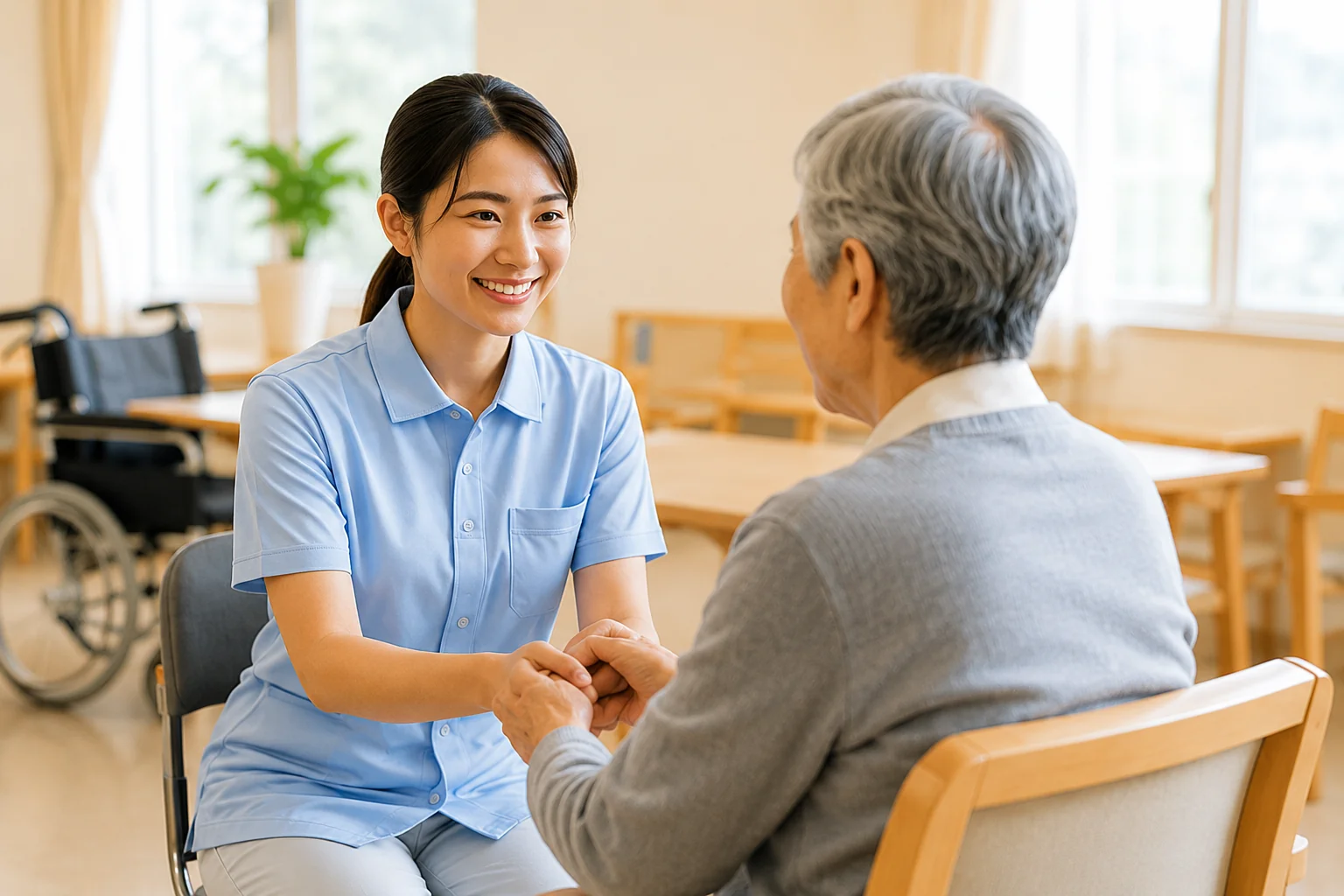 高齢の利用者に寄り添う外国人介護スタッフ